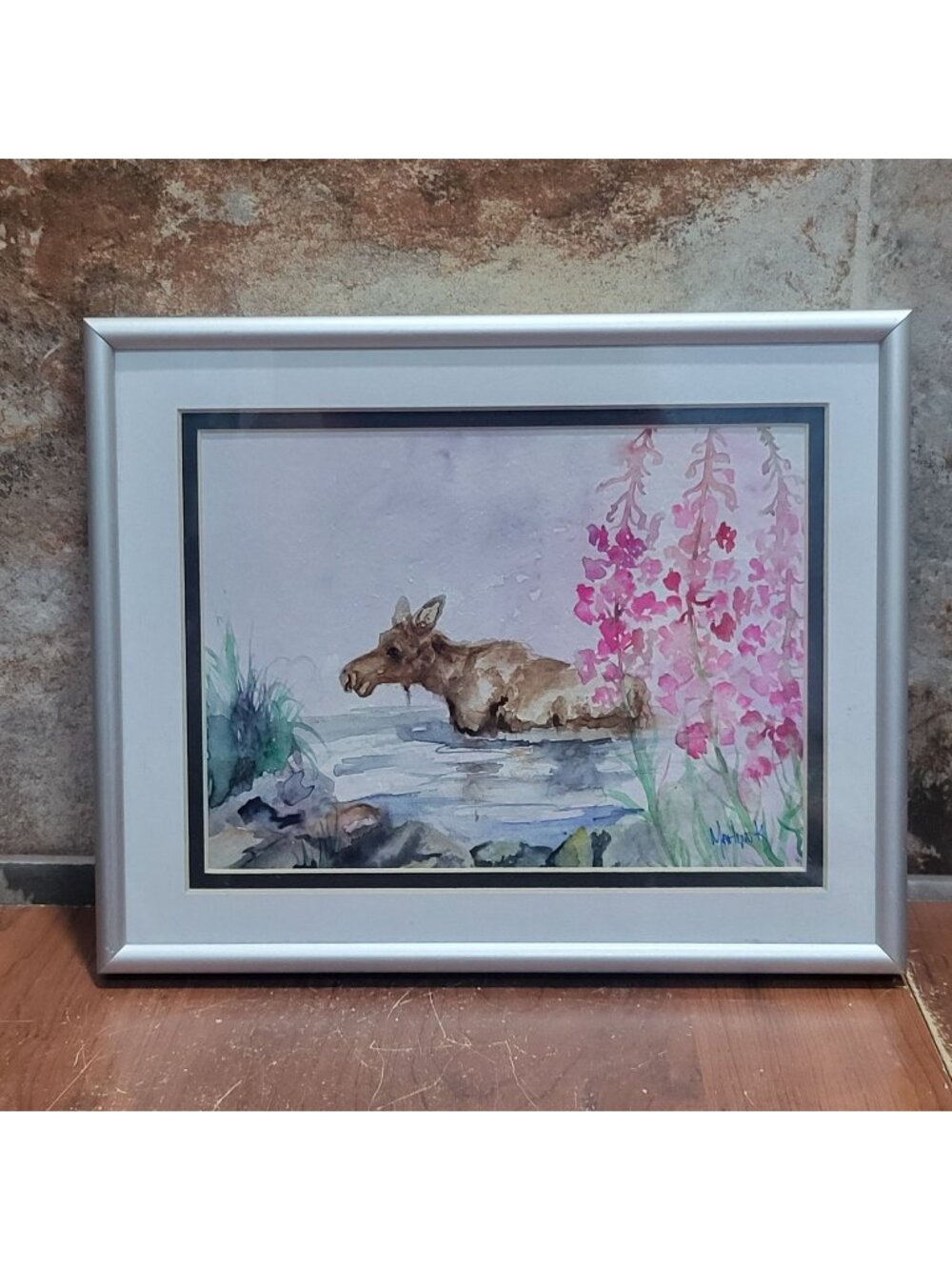 Watercolor Painting Art Print Moose in Water Pink Flower Signed MarLynk
